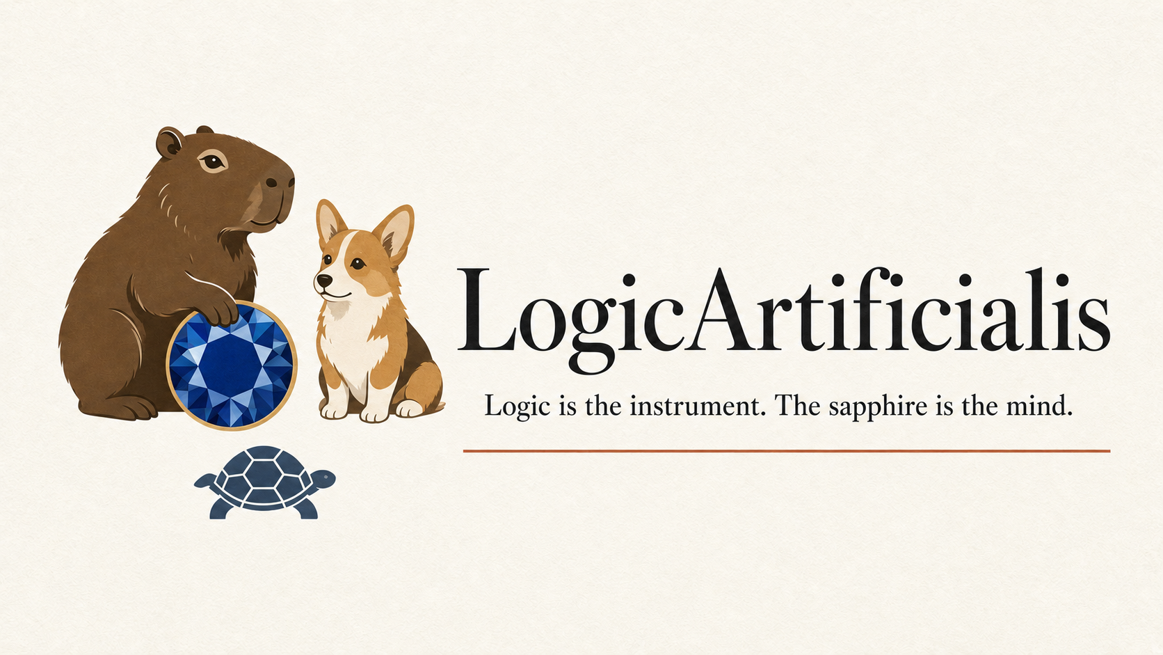 A capybara and corgi with a blue sapphire, a small turtle, and the LogicArtificialis wordmark.