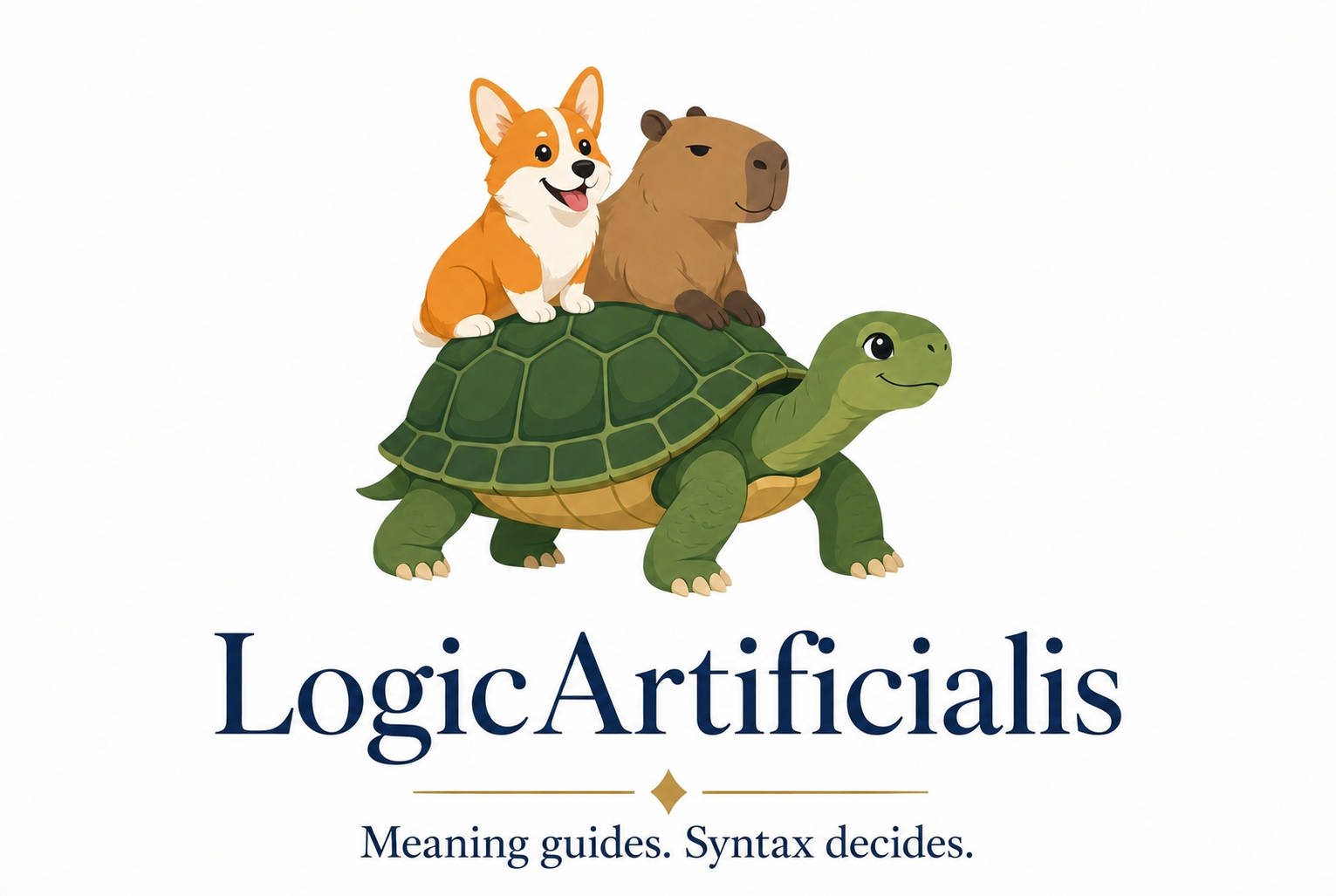 A corgi and capybara riding a green turtle above the LogicArtificialis wordmark.